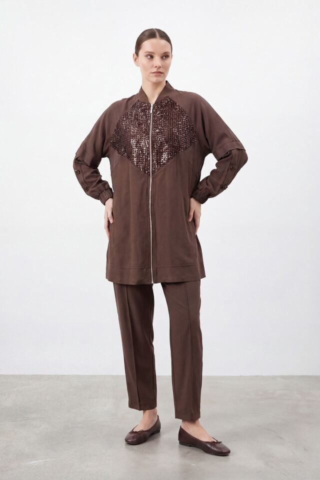 Kadın Pul Payet Detaylı Fermuarlı Tunik Pantolon Takım – 26S-14462TKS - Kahverengi