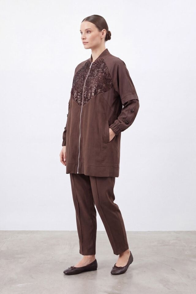Kadın Pul Payet Detaylı Fermuarlı Tunik Pantolon Takım – 26S-14462TKS - Kahverengi