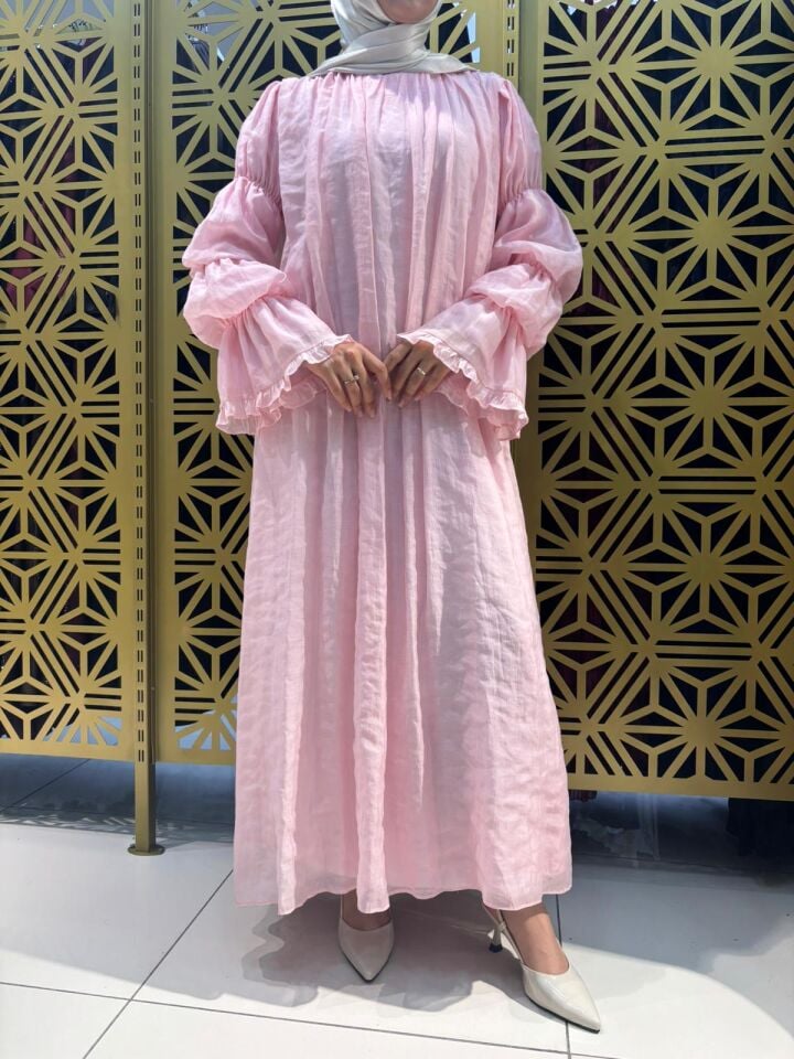 Kadın Kol Volan Detaylı Kuşaklı Elbise – 32474ELB - Pembe