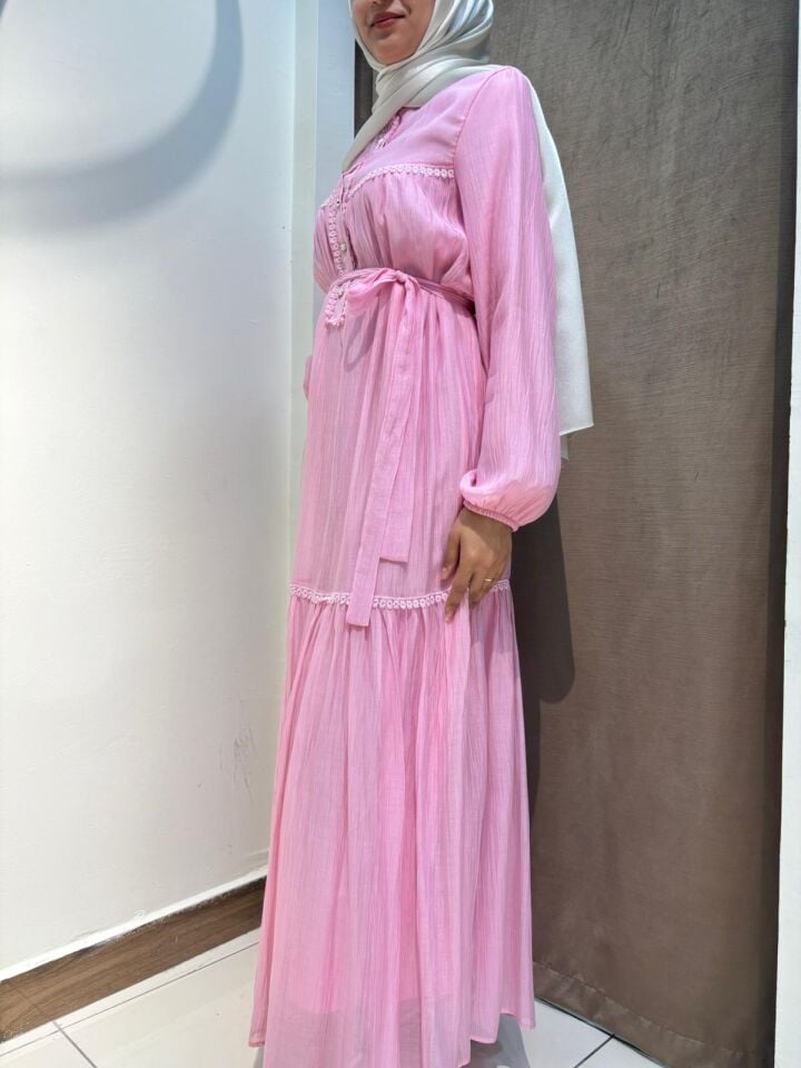 Saten Şifon Dantelli - Pembe